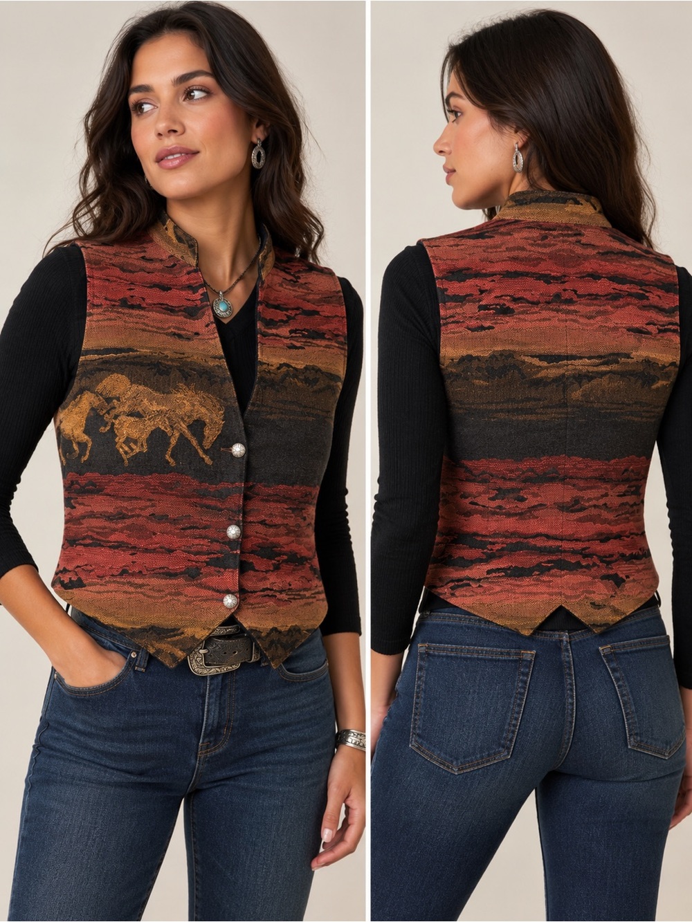 Panhandle Slim Womenβs Medium Western Horse Tapestry Vest Southwestern Vintage
